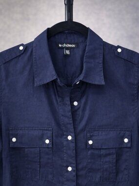 Le Château Navy Button-Up Blouse – Sheer Cotton, Chic Utility Style (S)